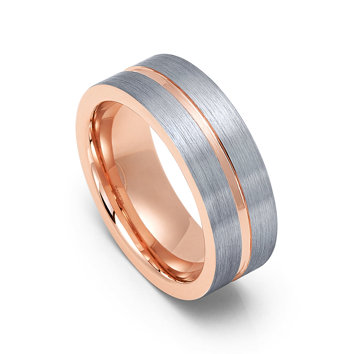 8mm Rose Gold Tungsten Carbide Wedding Ring Brushed Center W/ Rose Gold Groove