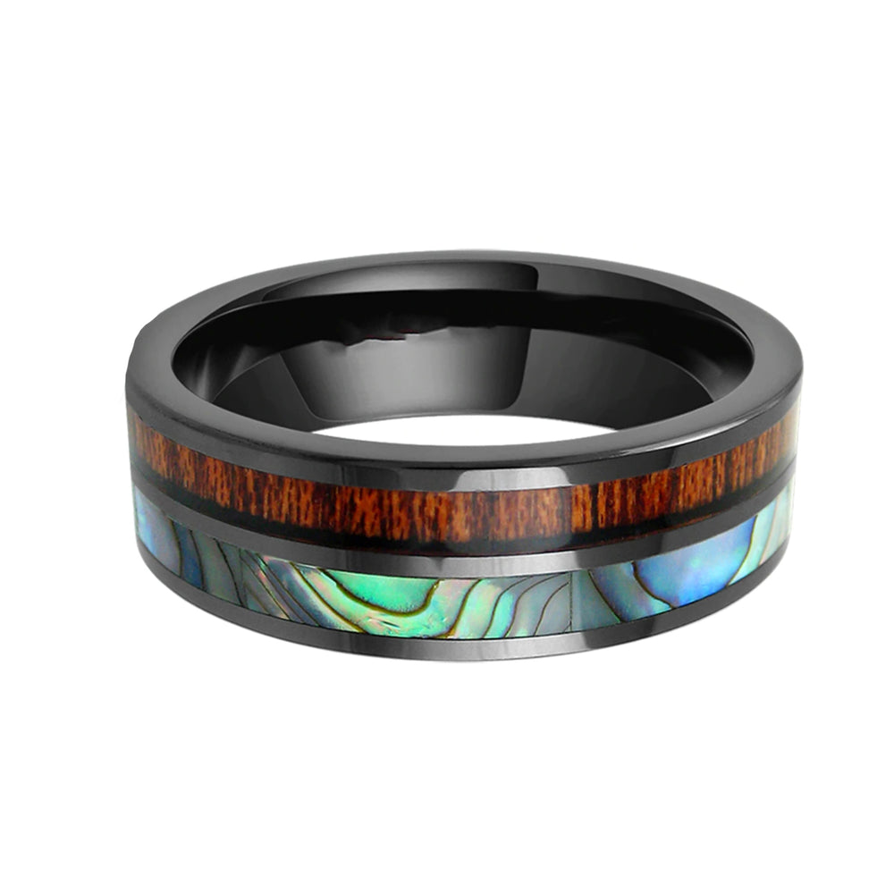 8mm Black Tungsten Real Koa Wood Ring W/ ABALONE INLAY RING