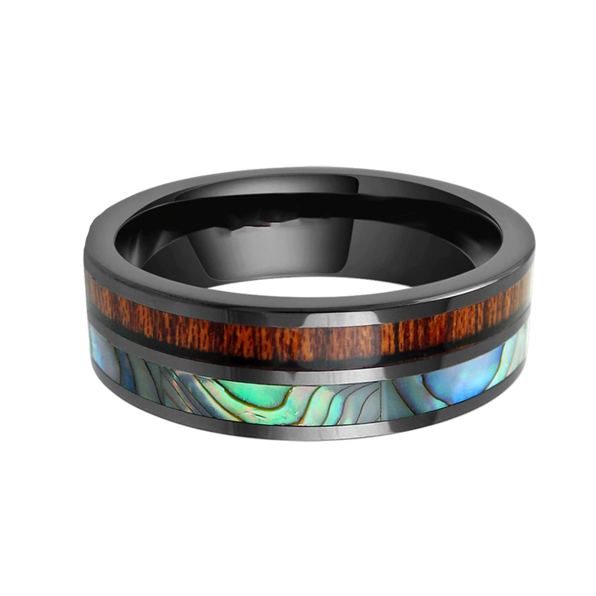 8mm Black Tungsten Real Koa Wood Ring W/ ABALONE INLAY RING