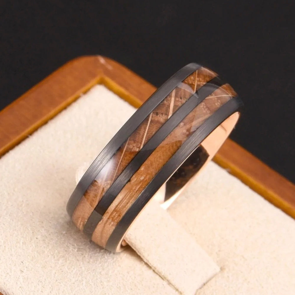 8mm Tungsten Double Barrel Wood Ring Rose Gold & Black Tungsten Ring