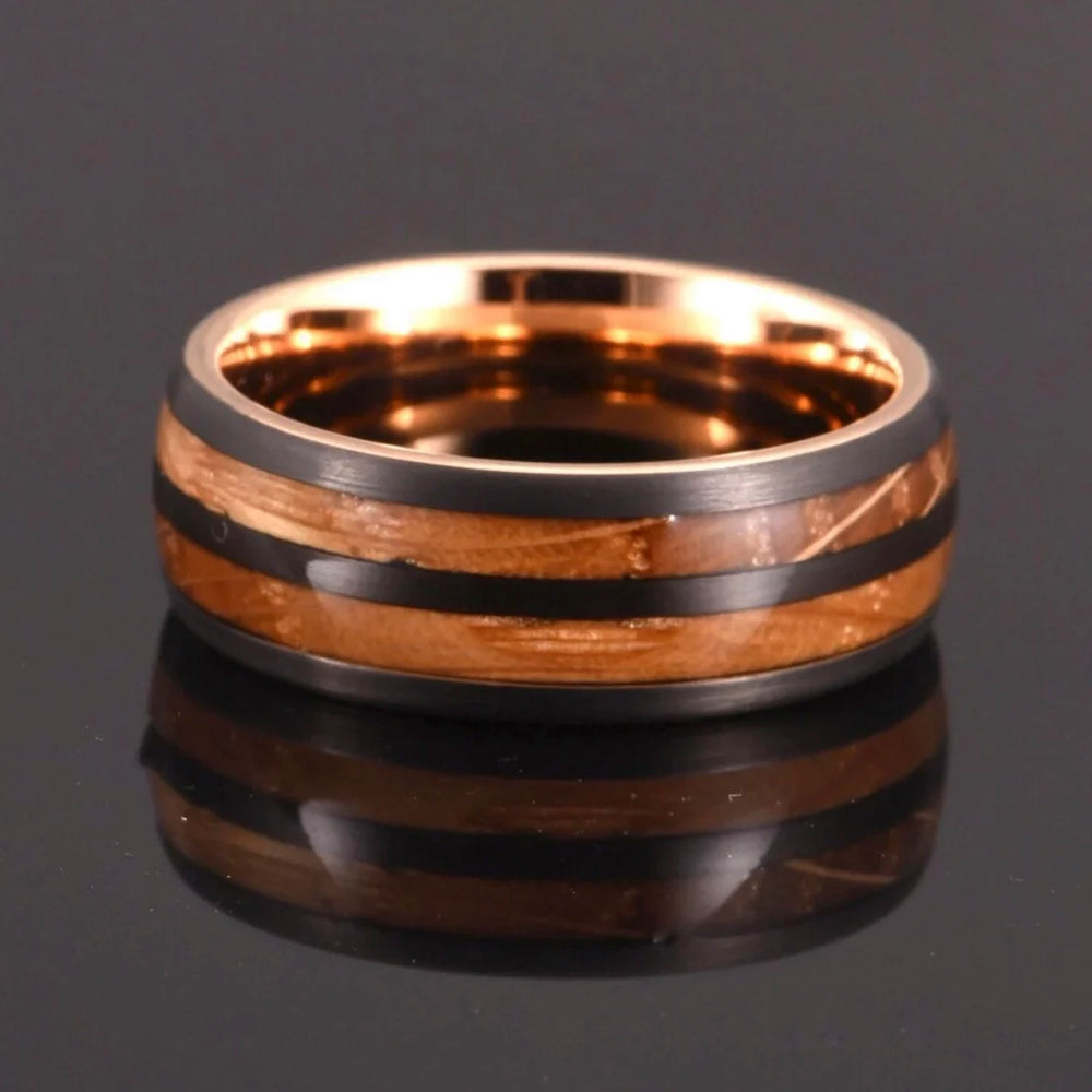 8mm Tungsten Double Barrel Wood Ring Rose Gold & Black Tungsten Ring