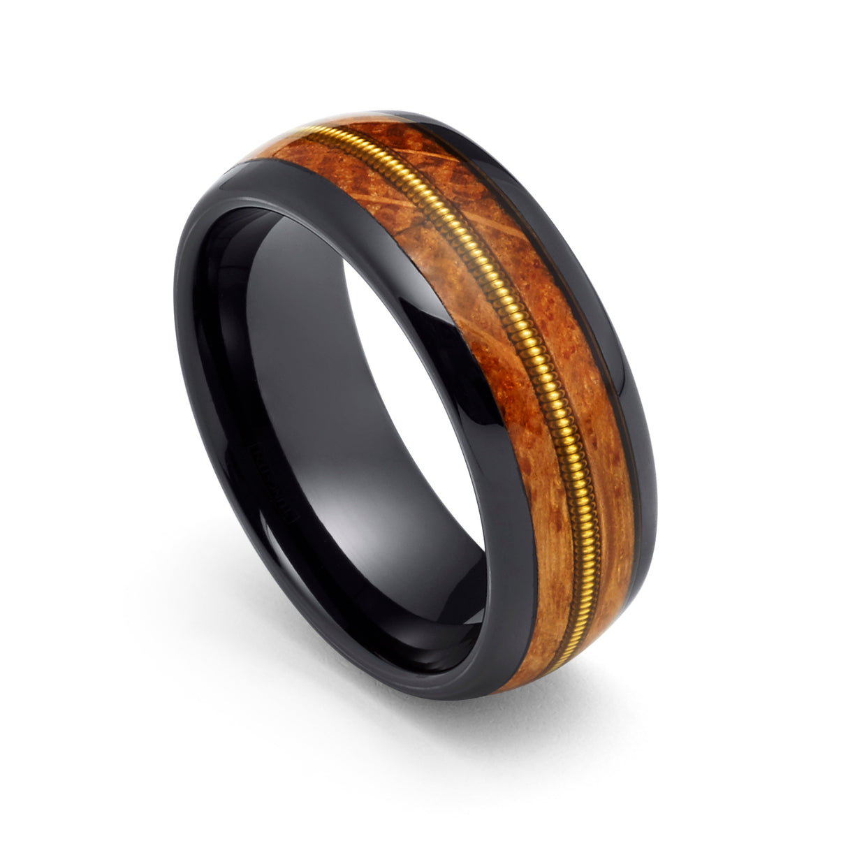 8mm Black Tungsten Koa Wood Ring W/ GENUINE GUITAR STRING