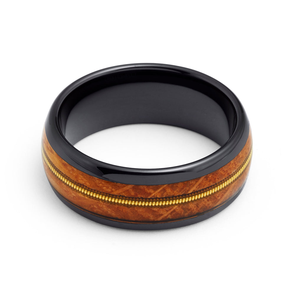 8mm Black Tungsten Koa Wood Ring W/ GENUINE GUITAR STRING