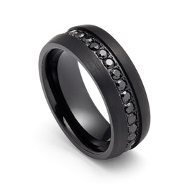 8mm Black Tungsten Wedding Band with Black Sapphires