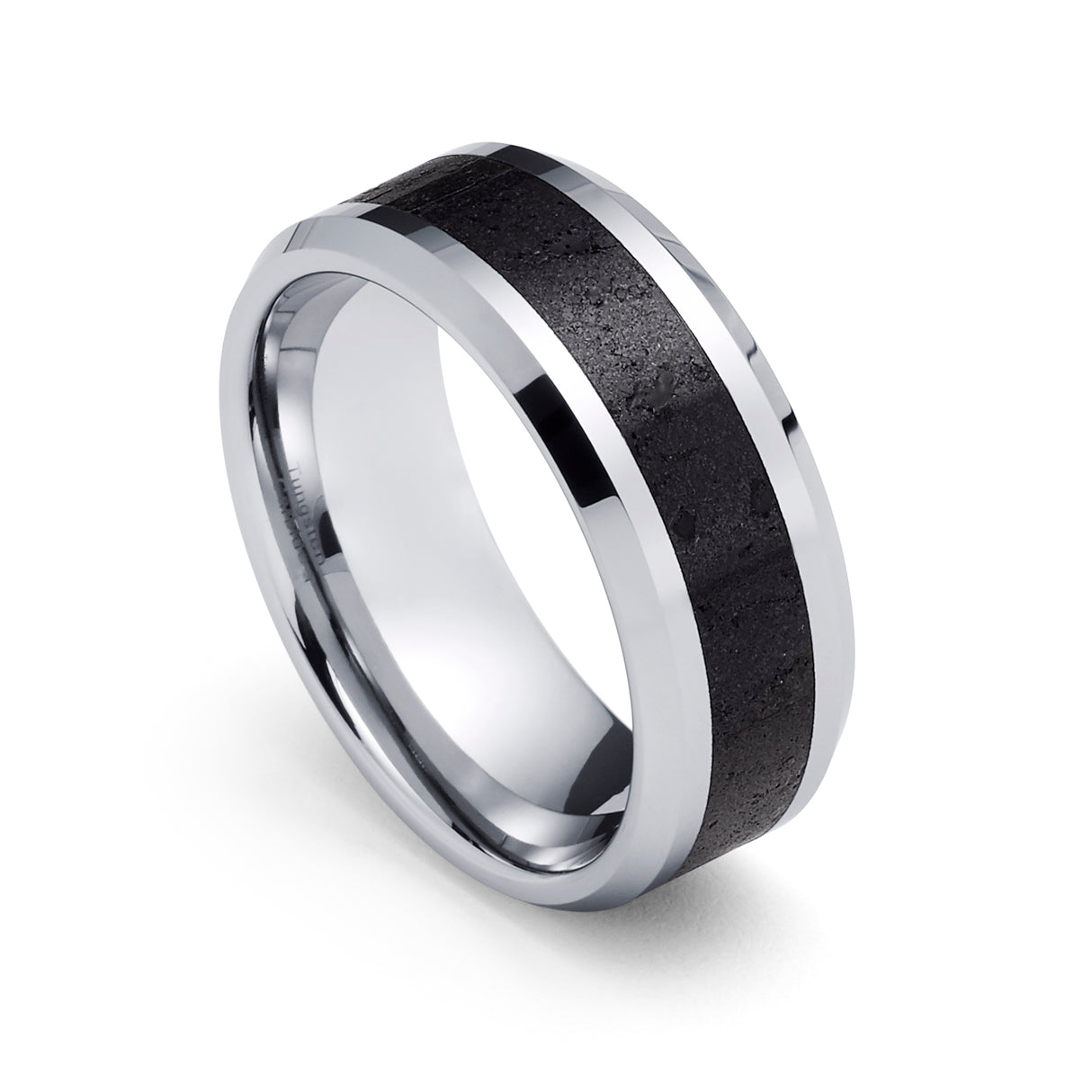 KILAUEA Men’s Polished Tungsten Wedding Band with Black & Gray Lava Rock Stone Inlay & Polished Beveled Edges - 8mm