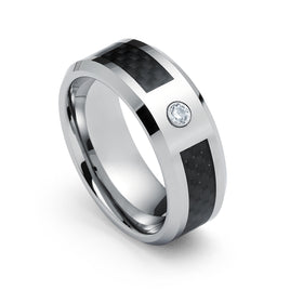 8mm Tungsten Carbide Wedding Ring with Black Carbon Fiber & White Diamond