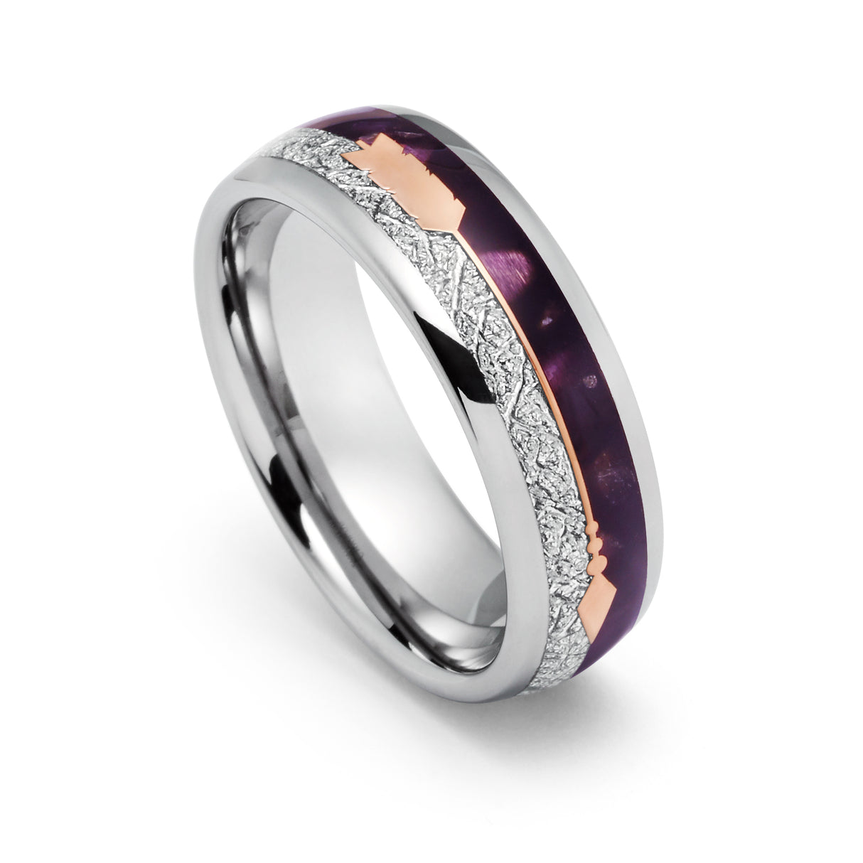 8mm- Silver Tungsten Dome Ring, W/ Purple Agate Rose gold Arrow & Meteorite Inlay