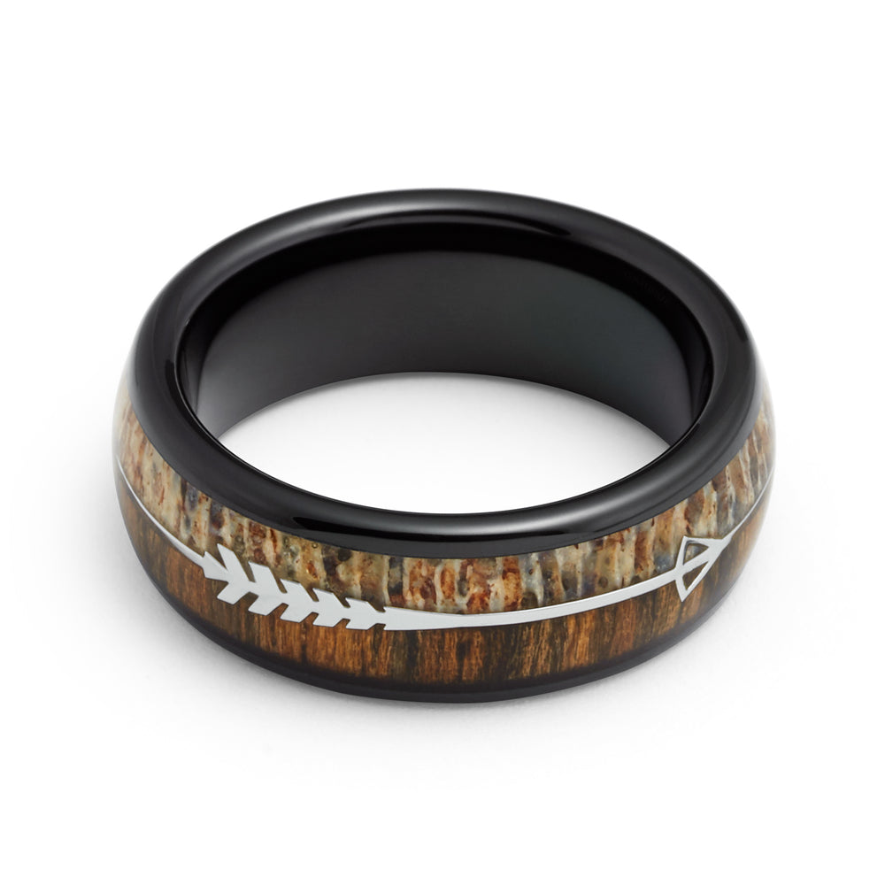 8mm Black Tungsten Wedding Ring W/ Koa Wood & Antler Arrow Ring