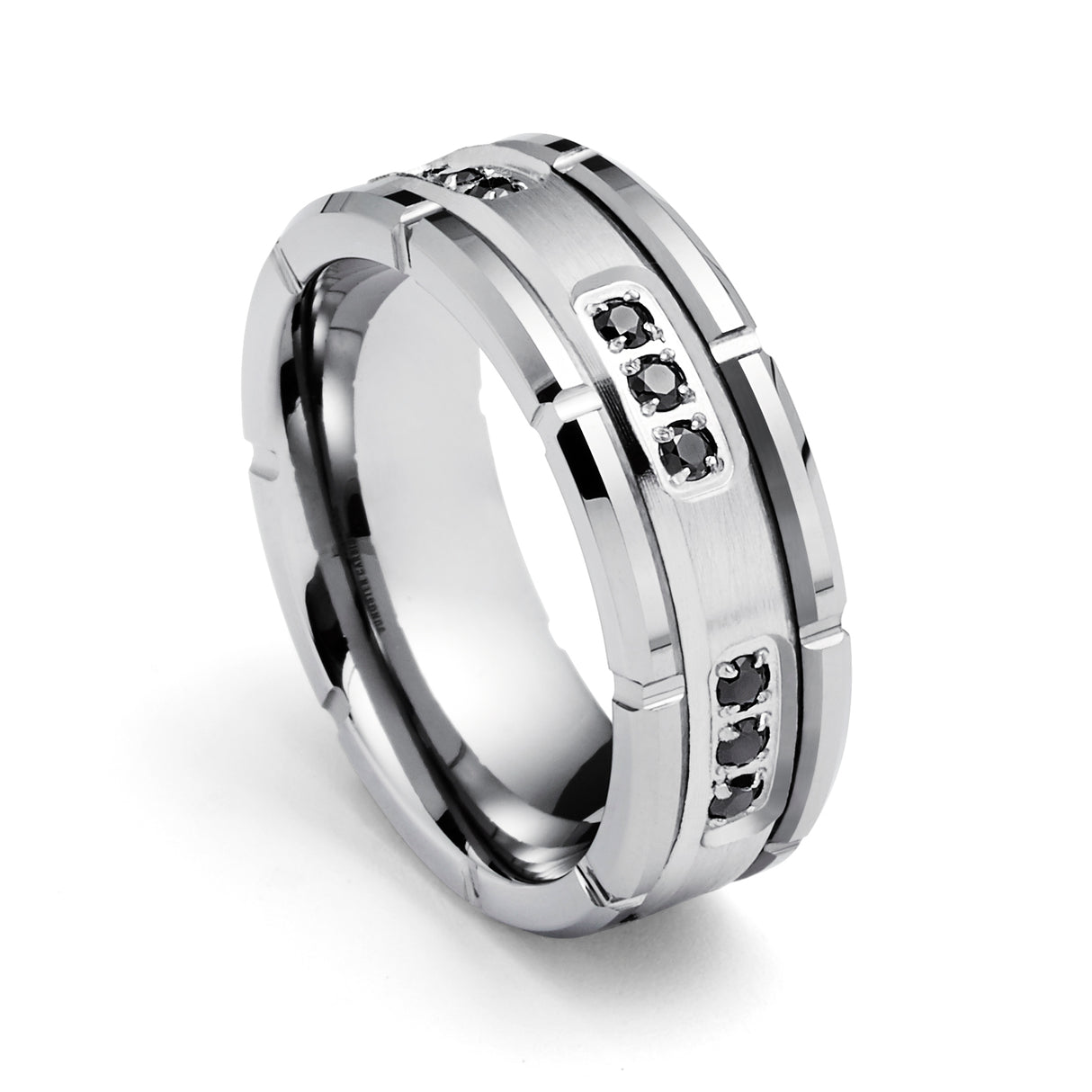 Tungsten Wedding Band Silver W/ Black Diamonds Ring, Grooved, - 8mm