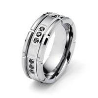 Tungsten Wedding Band Silver W/ Black Diamonds Ring, Grooved,  - 8mm