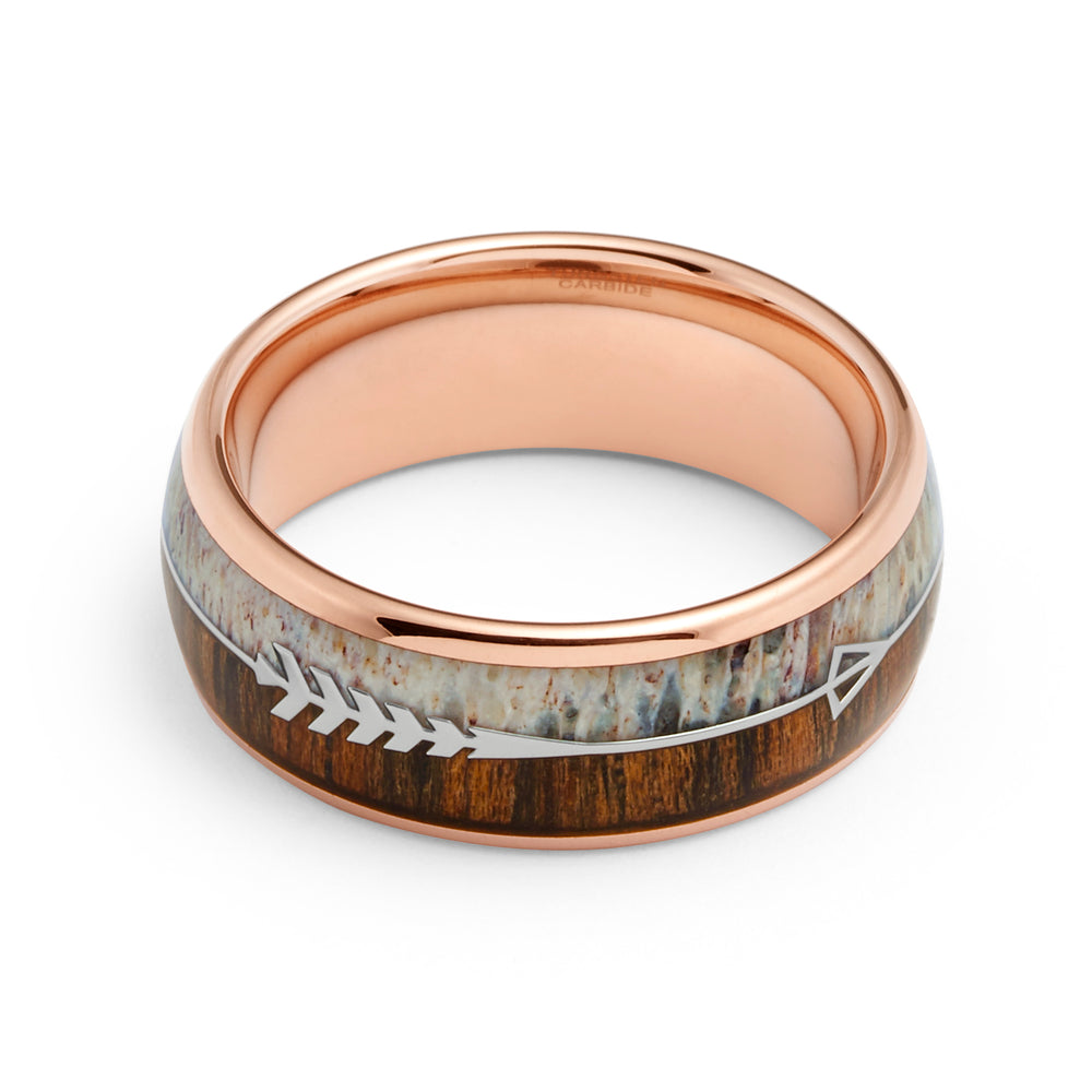 8mm - Rose Gold Tungsten Wedding Band Mens, Deer Antler Ring, Koa Wood Inlay, Arrow Ring