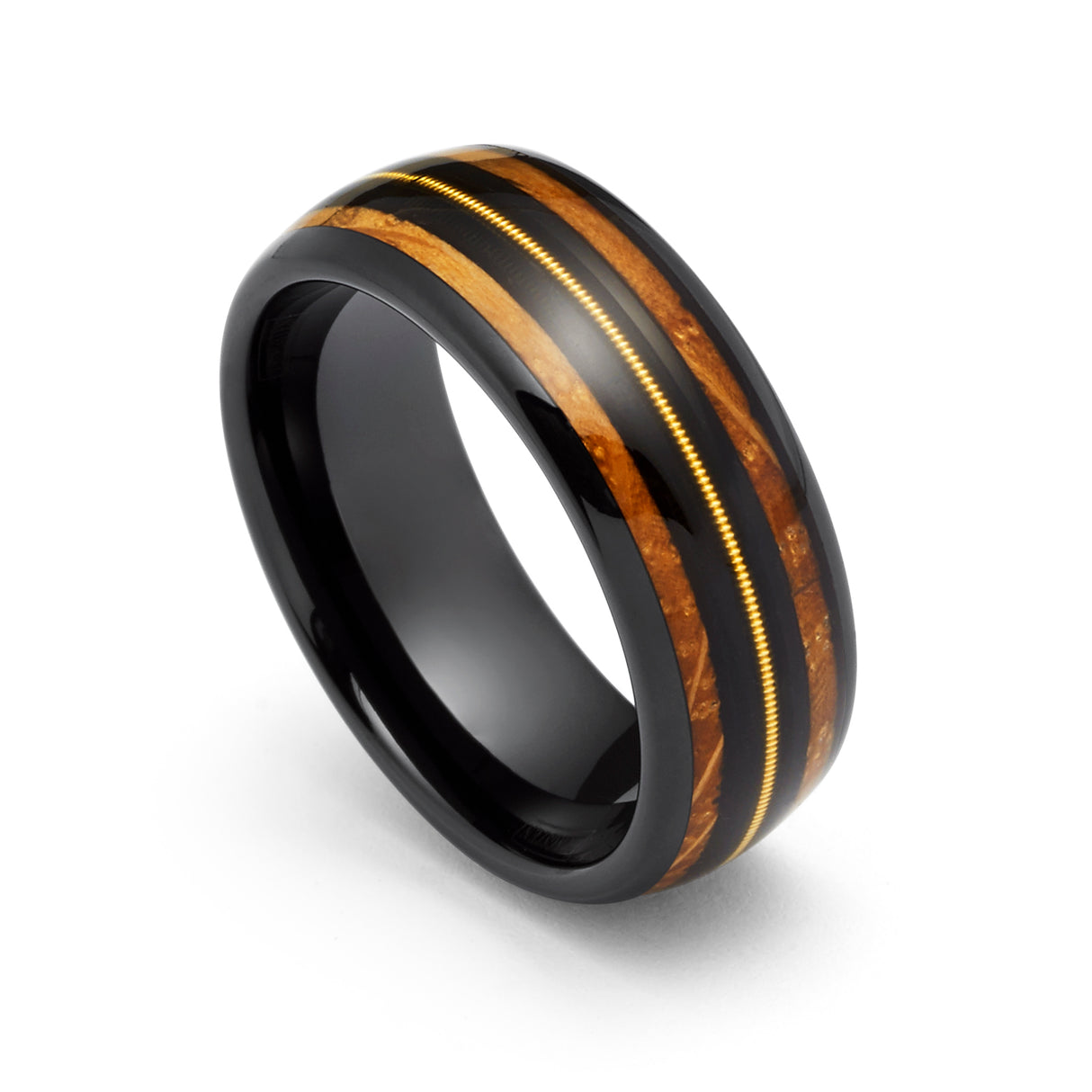 8mm Black Tungsten Koa Wood Ring W/ GENUINE GUITAR STRING