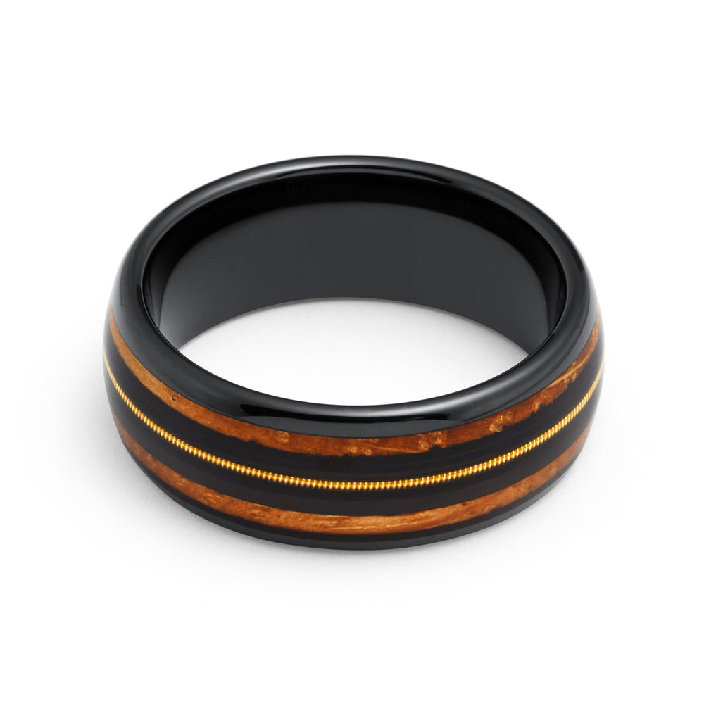 8mm Black Tungsten Koa Wood Ring W/ GENUINE GUITAR STRING