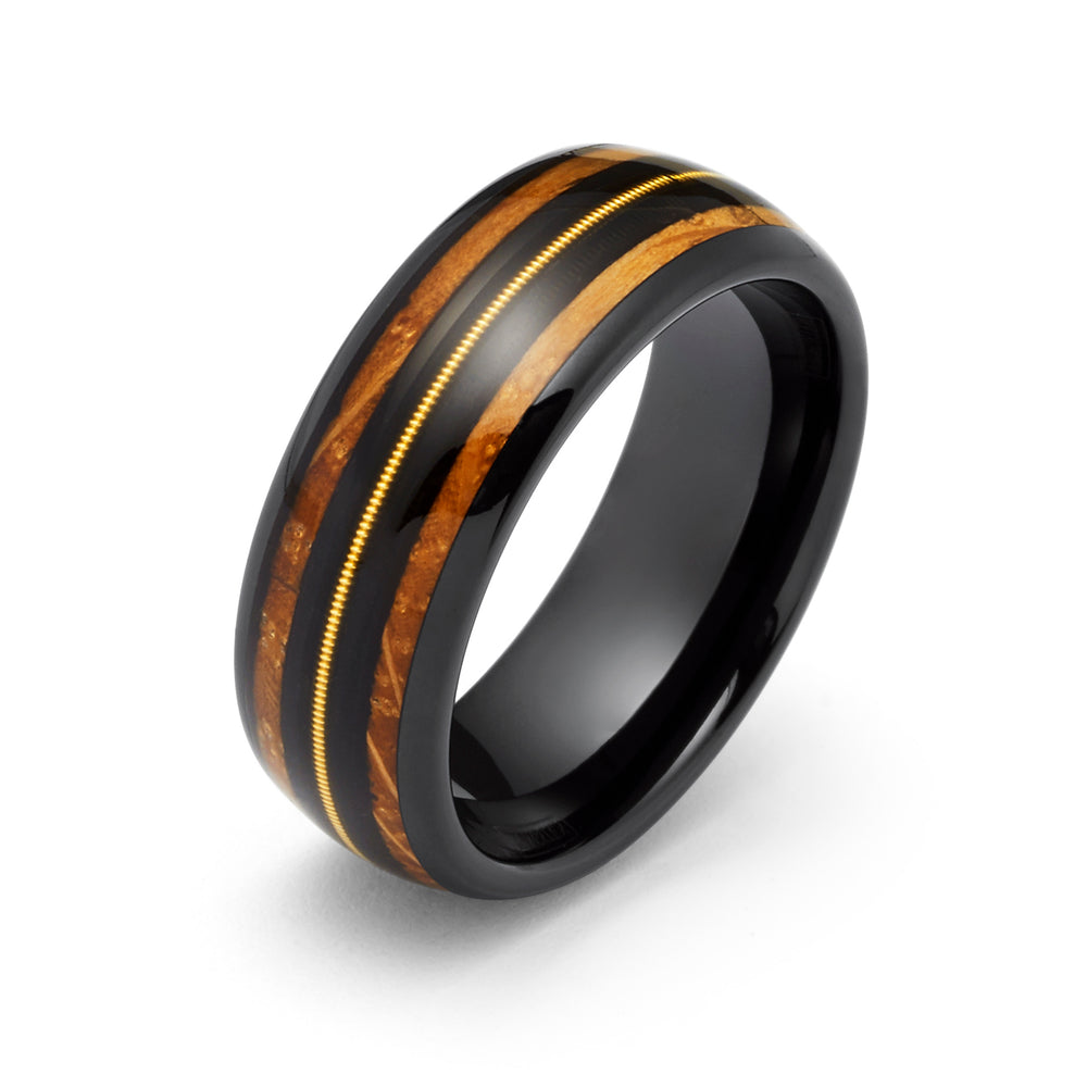 8mm Black Tungsten Koa Wood Ring W/ GENUINE GUITAR STRING