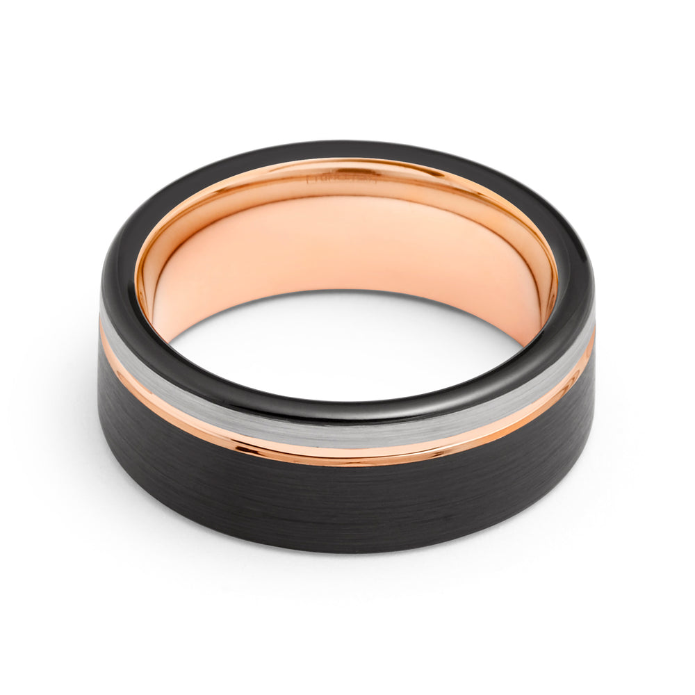 Rose Gold Tungsten Ring Black and Brushed Silver Wedding Band 6mm & 8mm
