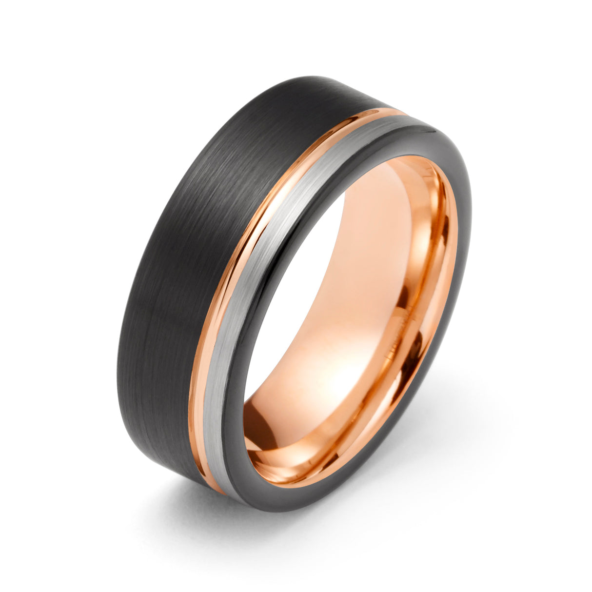 Rose Gold Tungsten Ring Black and Brushed Silver Wedding Band 6mm & 8mm