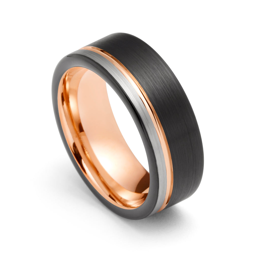Rose Gold Tungsten Ring Black and Brushed Silver Wedding Band 6mm & 8mm