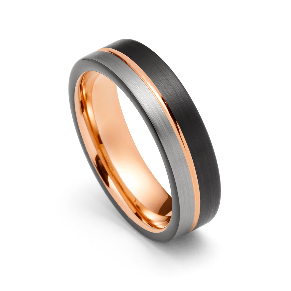 Mens Tungsten Wedding Band, Black Brush With Rose Gold inside Inlay, Off Center Rose Gold Groove - 6mm