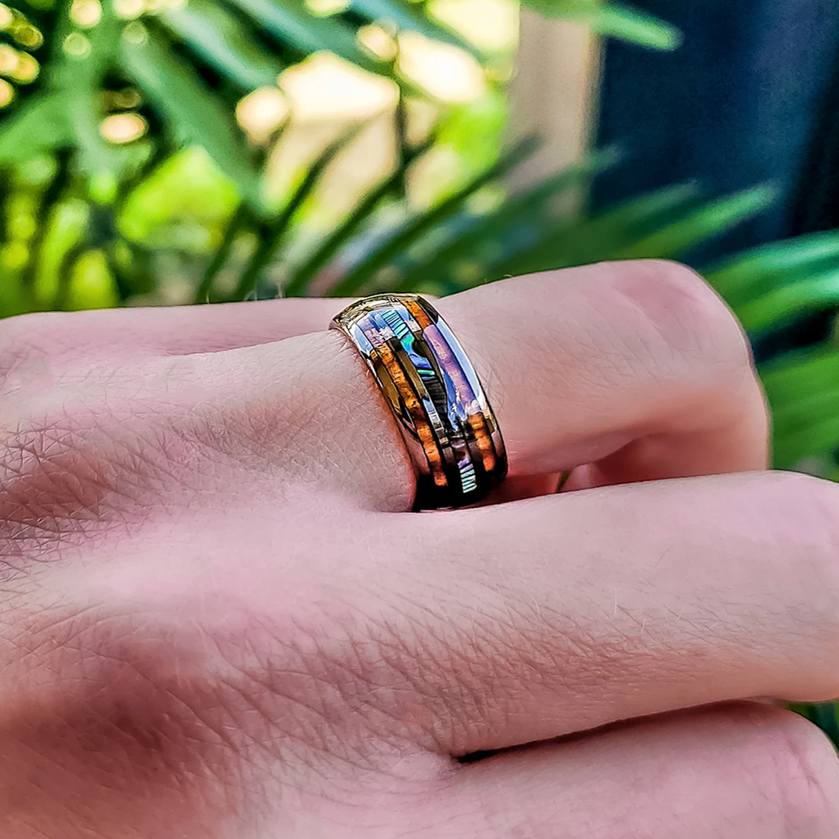 8mm Black Tungsten Real Koa Wood Double Wood Ring W/ Abalone Shell