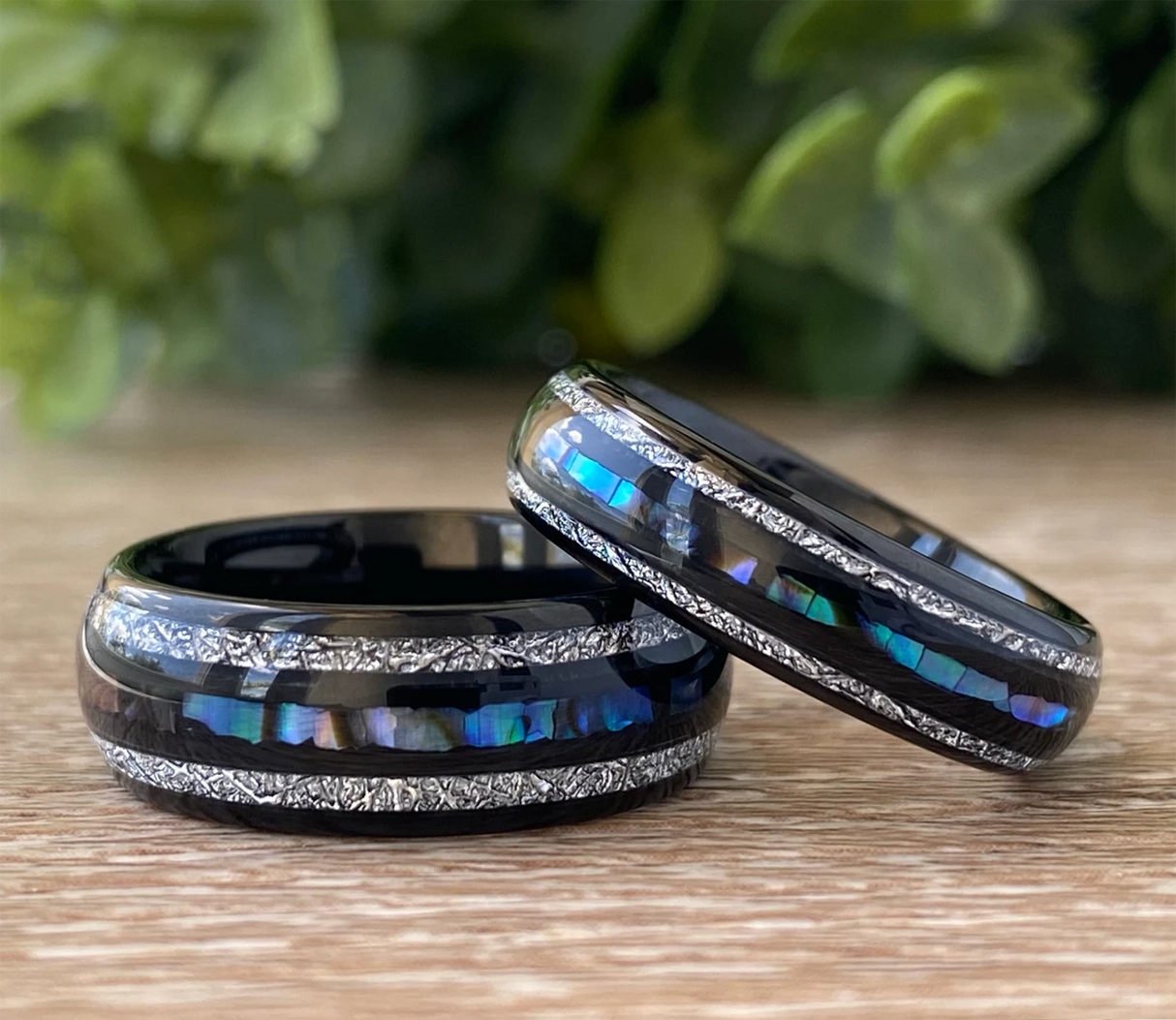 8mm - Mens Domed Tungsten Meteorite Ring, W/ Abalone Shell Inlay