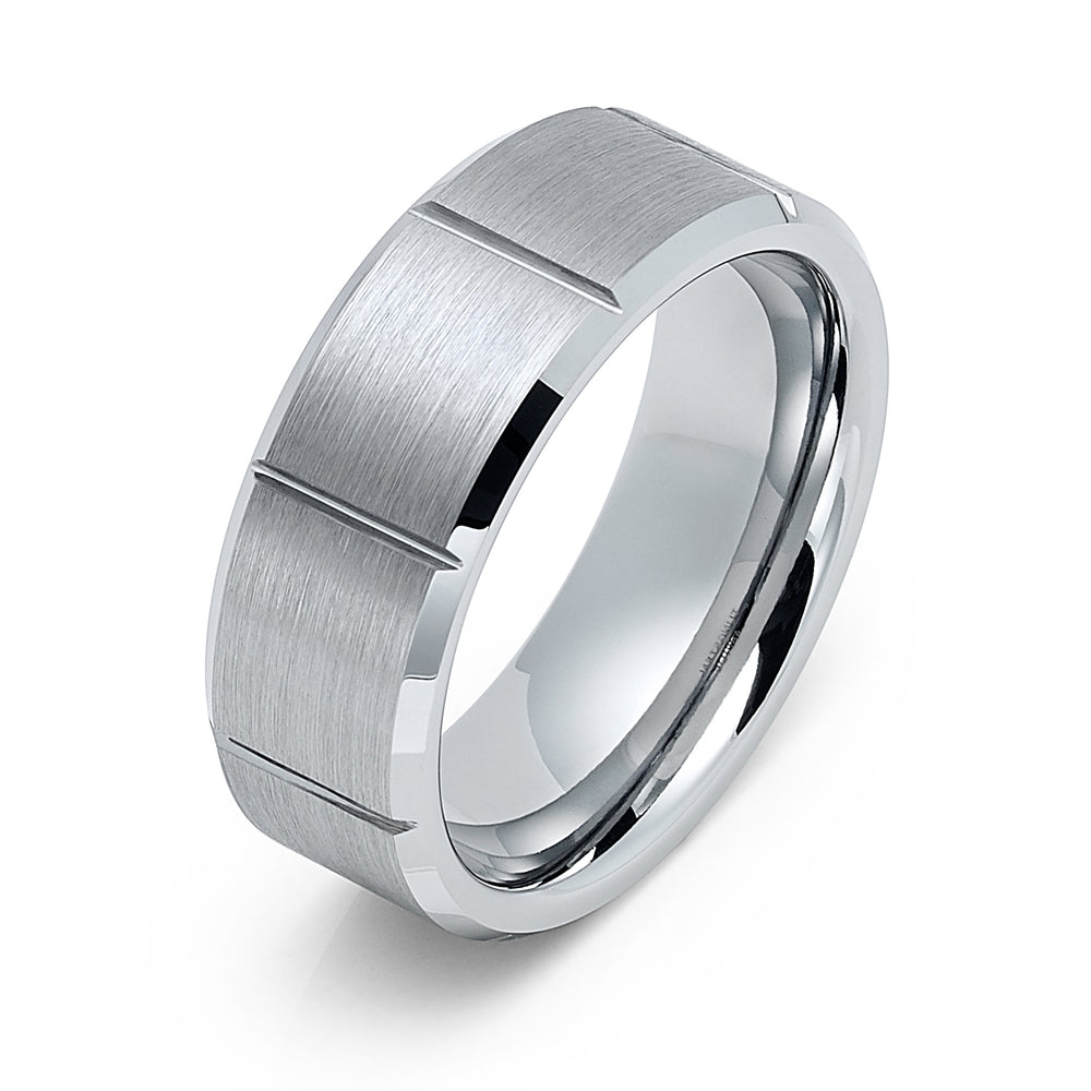 8mm Silver Tungsten Carbide Wedding Ring W/ Vertical Grooves