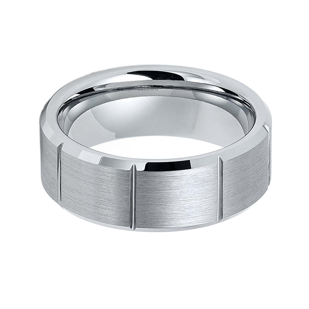 8mm Silver Tungsten Carbide Wedding Ring W/ Vertical Grooves