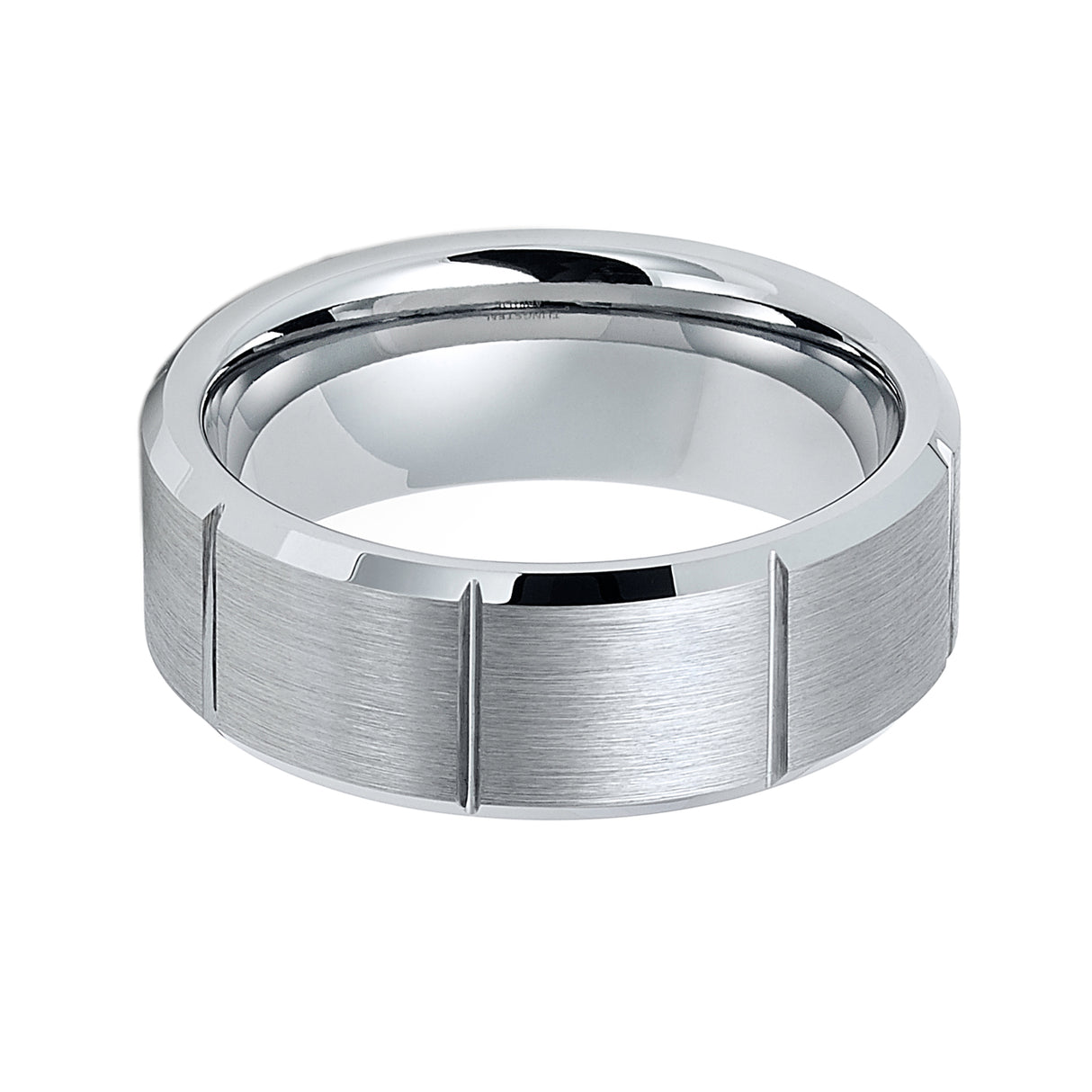 8mm Silver Tungsten Carbide Wedding Ring W/ Vertical Grooves