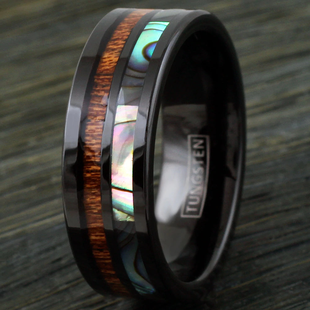 8mm Black Tungsten Real Koa Wood Ring W/ ABALONE INLAY RING