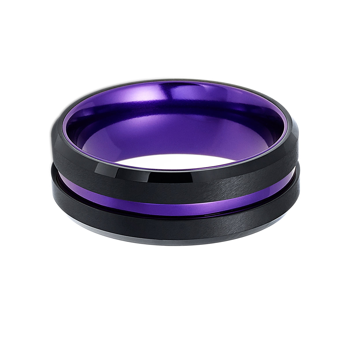 8mm - Black & Purple Tungsten Ring Matte Finish Beveled Edges Wedding Band Purple Inlay