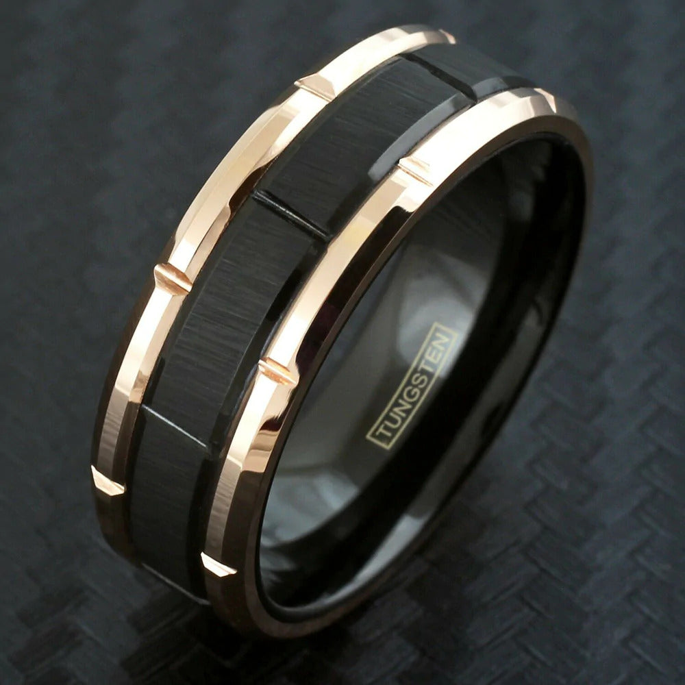 8mm - Men's Tungsten Wedding Ring, Rose Gold Tungsten Band, Black Tungsten Ring