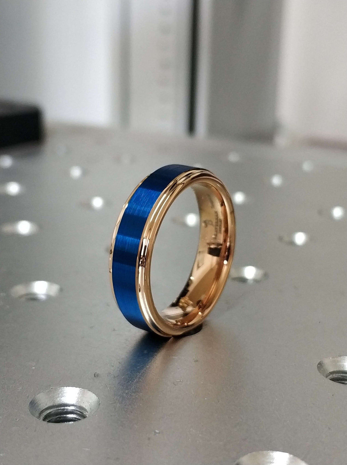 6mm - Tungsten Carbide Ring, Rose Gold and Blue, Brushed Wedding Band. Mens and Womens