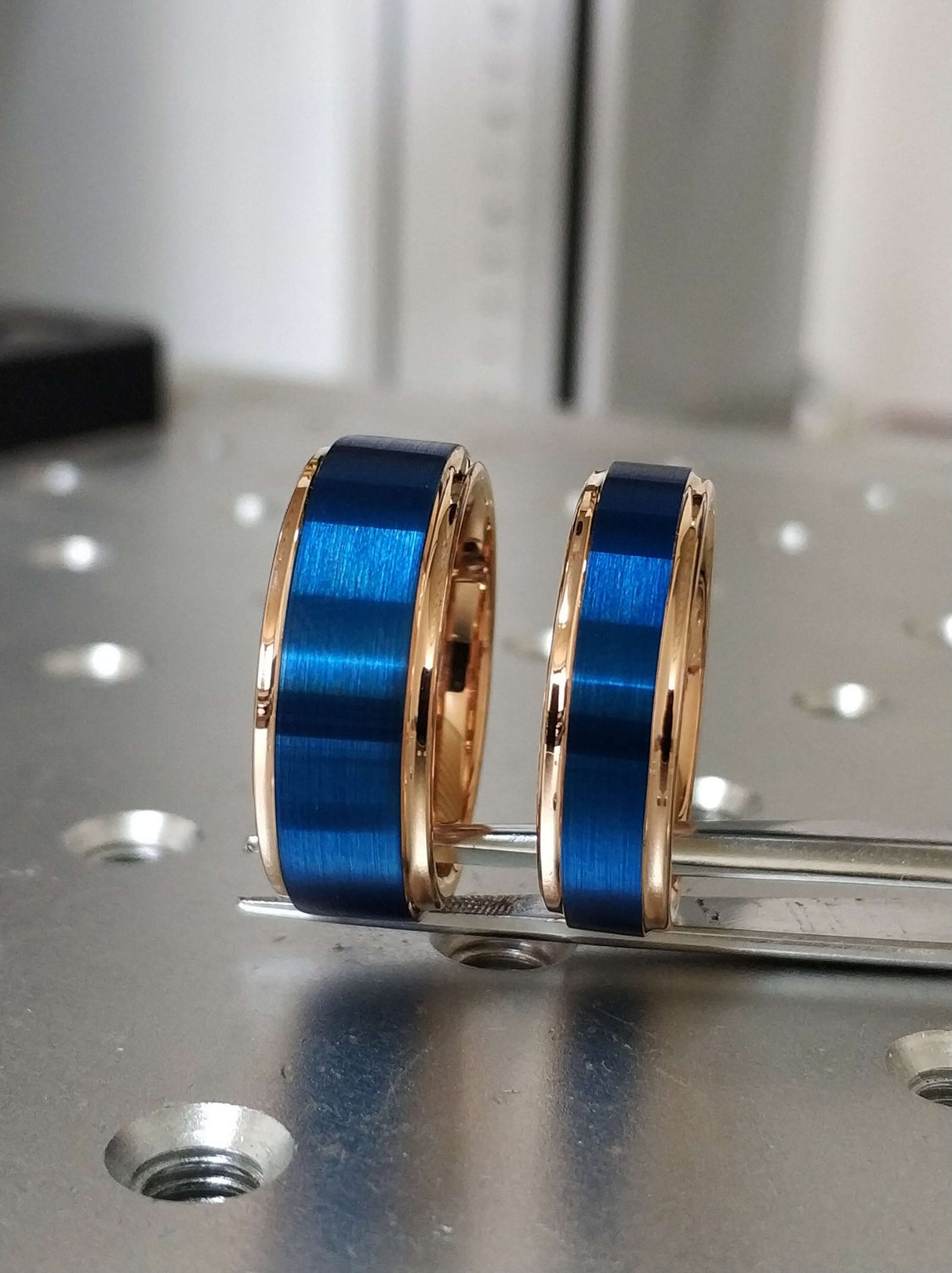 8mm - Tungsten Carbide Ring, Rose Gold and Blue, Brushed Wedding Band. Mens and Womens