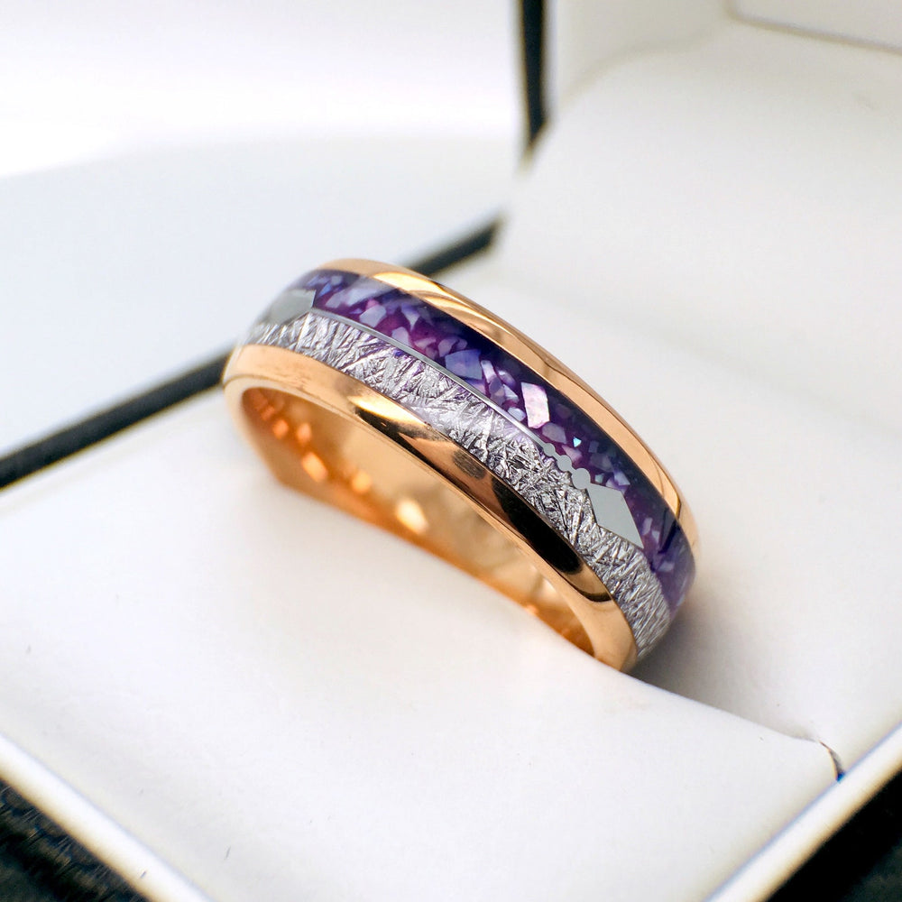 8mm- Rose Gold Arrow Ring, Tungsten Dome Ring, W/ Purple Agate & Meteorite Inlay