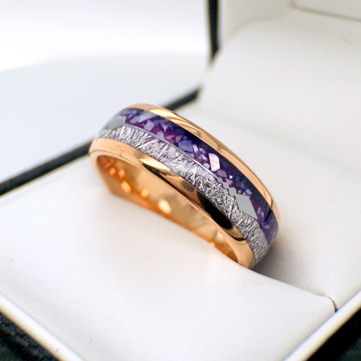 8mm- Rose Gold Arrow Ring, Tungsten Dome Ring, W/ Purple Agate & Meteorite Inlay