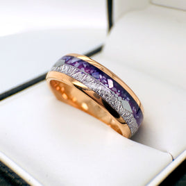 8mm- Rose Gold Arrow Ring, Tungsten Dome Ring, W/ Purple Agate & Meteorite Inlay