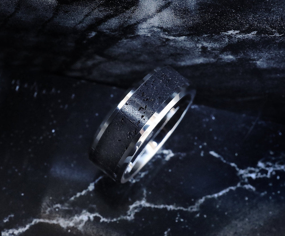 14k White Gold, Lava Rock Inlay, Polished Beveled Edges Wedding Ring  - 8mm