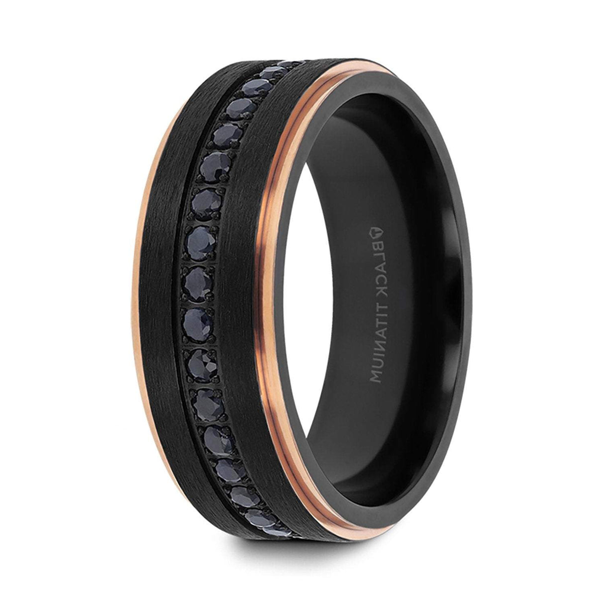 8mm ASTRO Brushed Black Titanium Ring W/ Rose Gold Edges & Black Sapphire all around