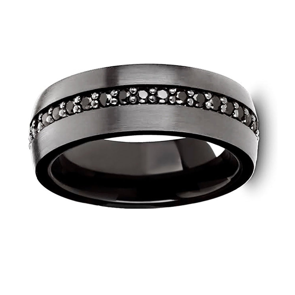 8mm Gun Metal Tungsten Carbide Wedding Band with Black Sapphires