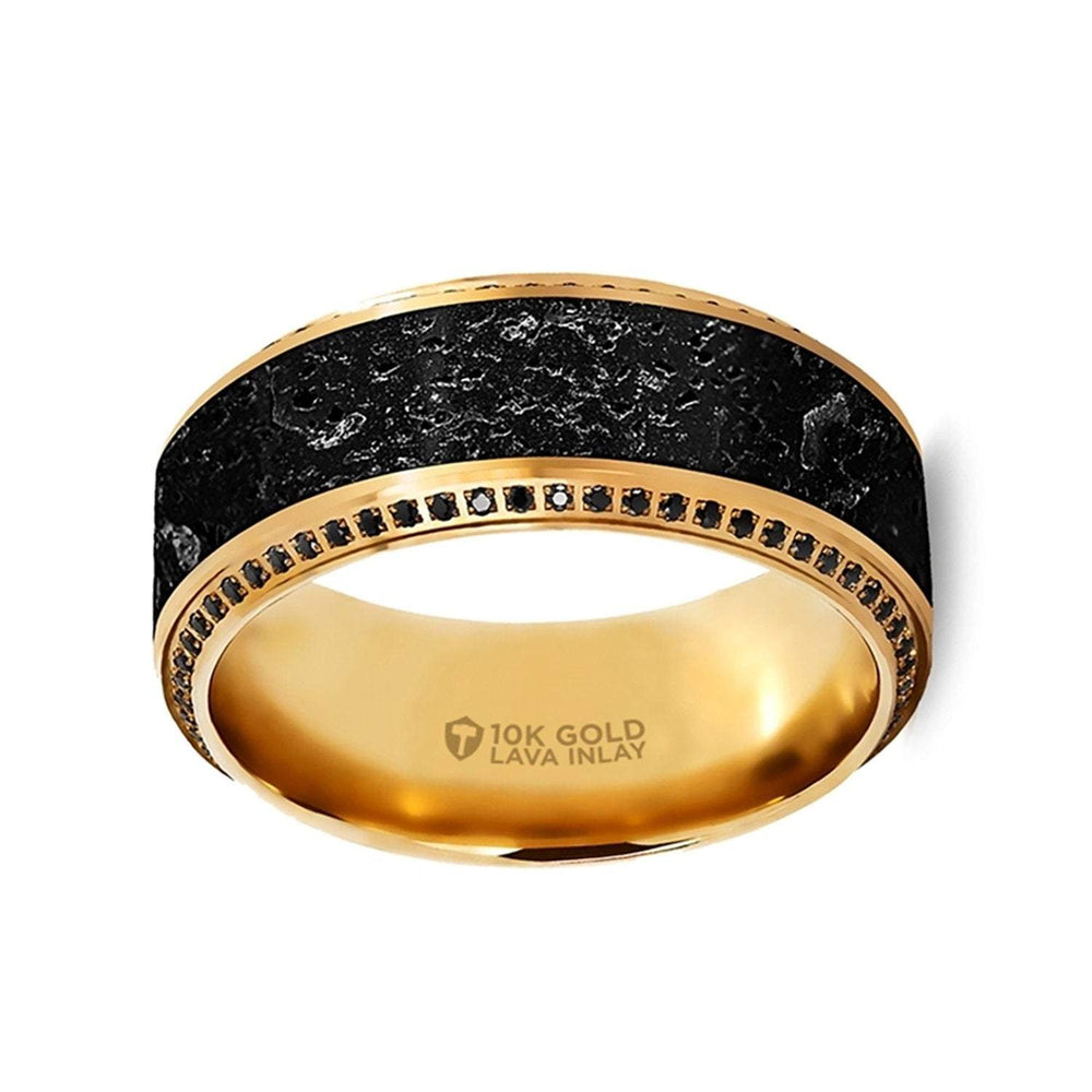 HYPERION Lava Inlaid 10K Yellow Gold Wedding Ring Polished Beveled Edges Set W/ Round Black Diamonds - 10mm