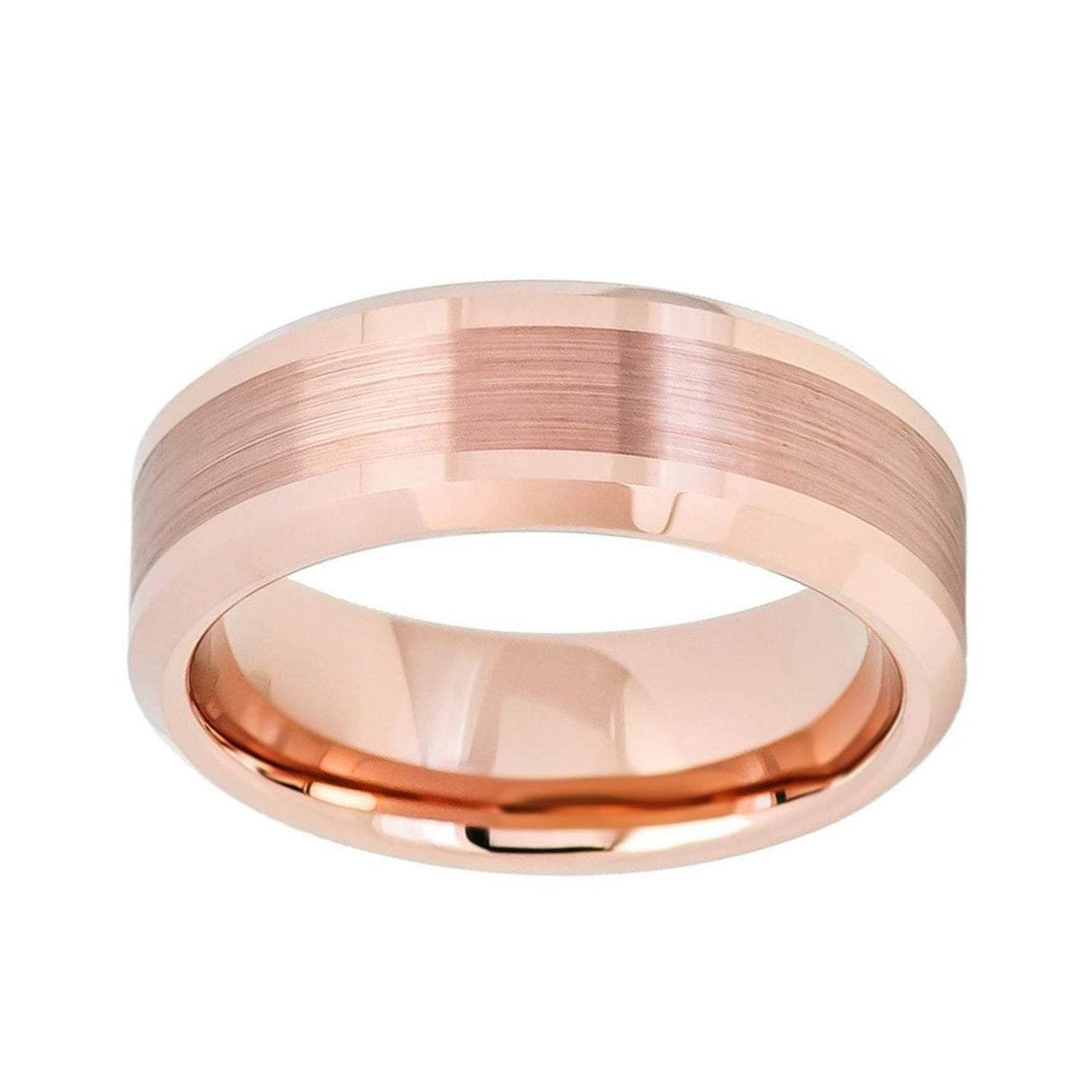 8mm - Rose Gold Tungsten Carbide Ring High Polished Beveled Edges Brushed Center,