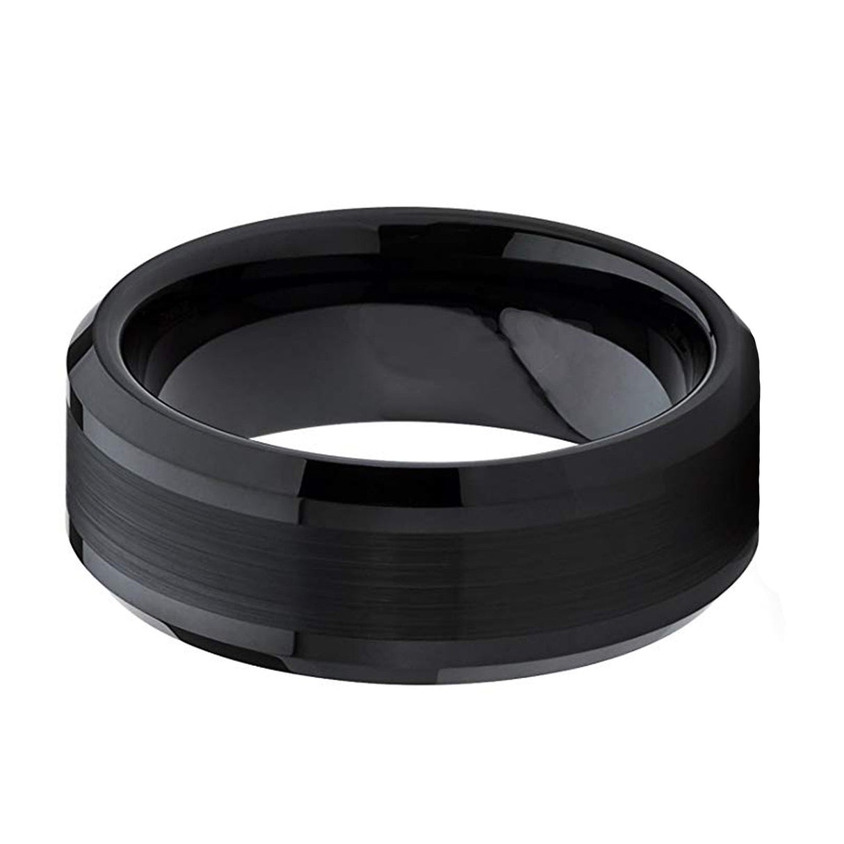 8mm Black Tungsten Carbide Wedding Ring with Brushed Center Beveled edges