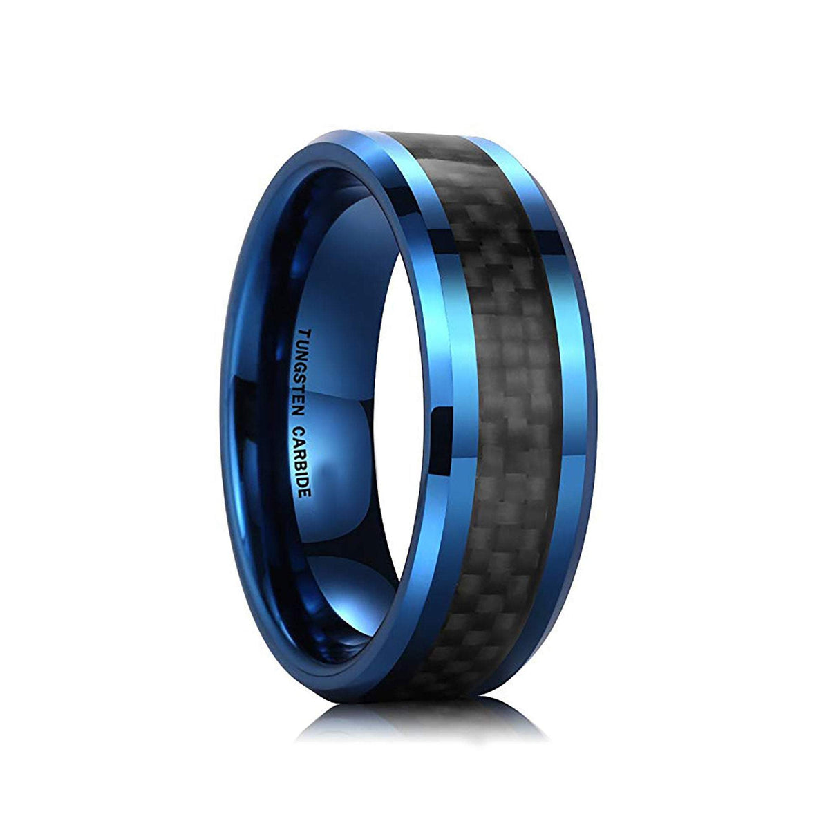 8mm Blue Tungsten Carbide Wedding Band With Black Carbon Fiber Inlay