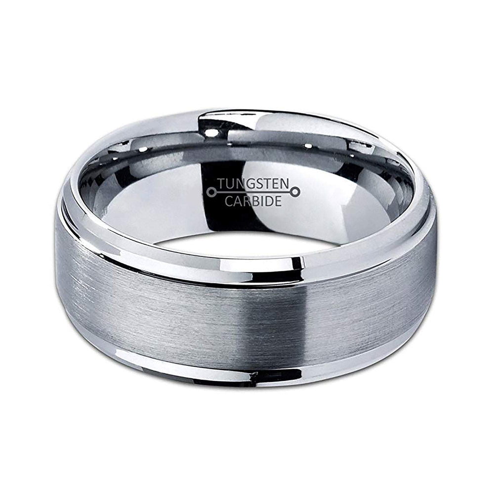 8mm - Silver Tungsten wedding Ring, Brushed Finish Stepped Edges,