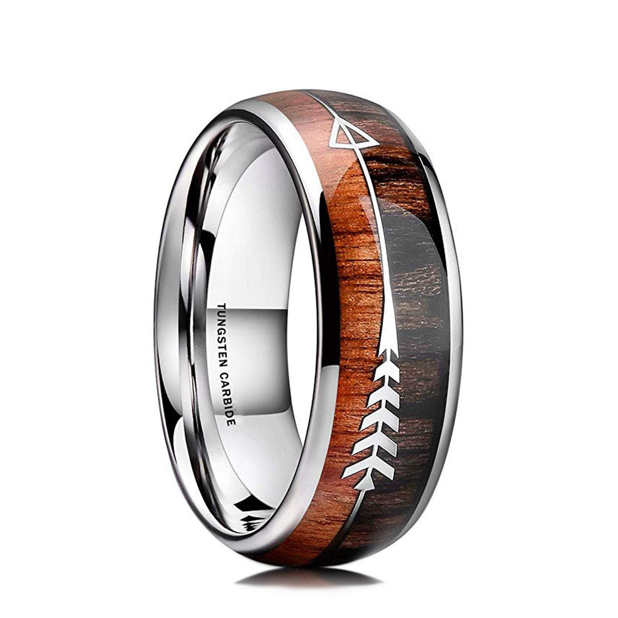 8mm Tungsten Carbide Wedding Ring with Koa Wood Inlay and Arrow Design