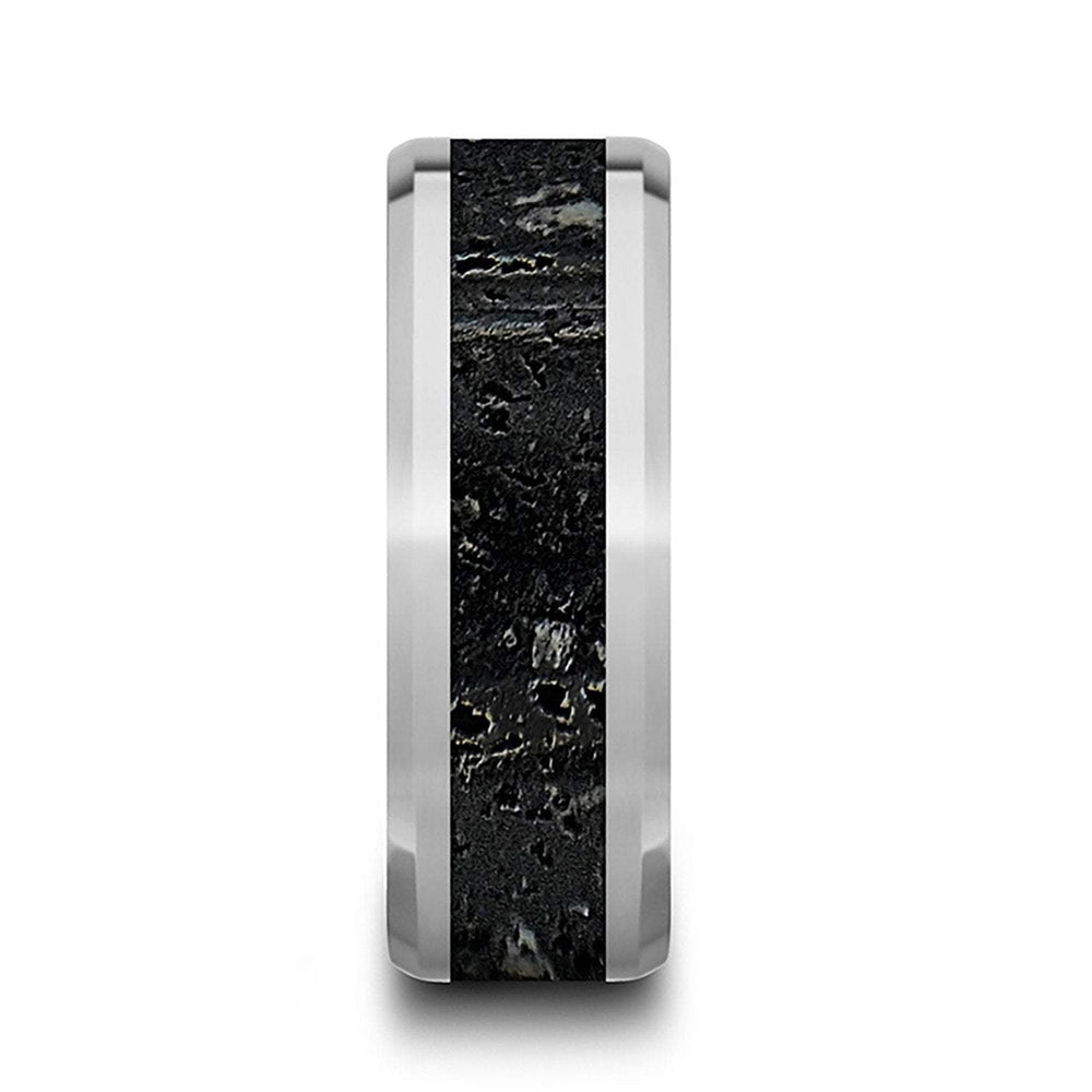 14k White Gold, Lava Rock Inlay, Polished Beveled Edges Wedding Ring  - 8mm