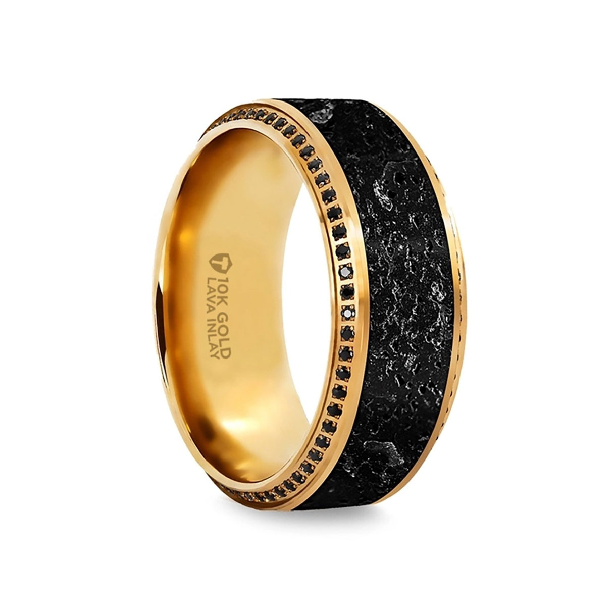 HYPERION Lava Inlaid 10K Yellow Gold Wedding Ring Polished Beveled Edges Set W/ Round Black Diamonds - 10mm