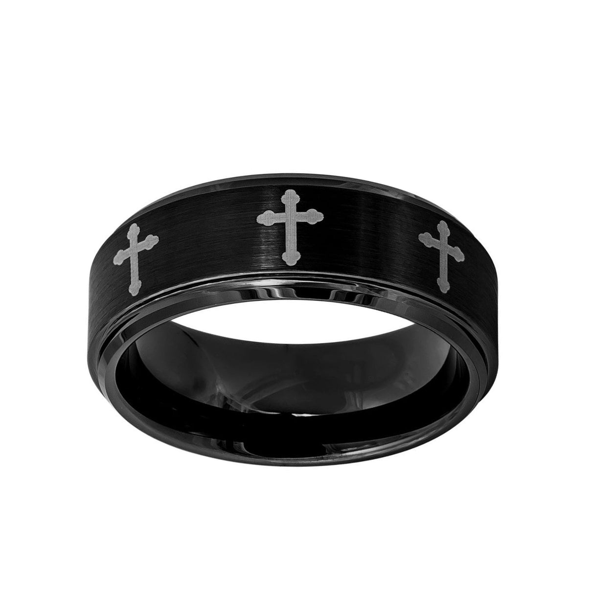 8mm Black Tungsten Wedding Band with Crosses tungsten cross ring