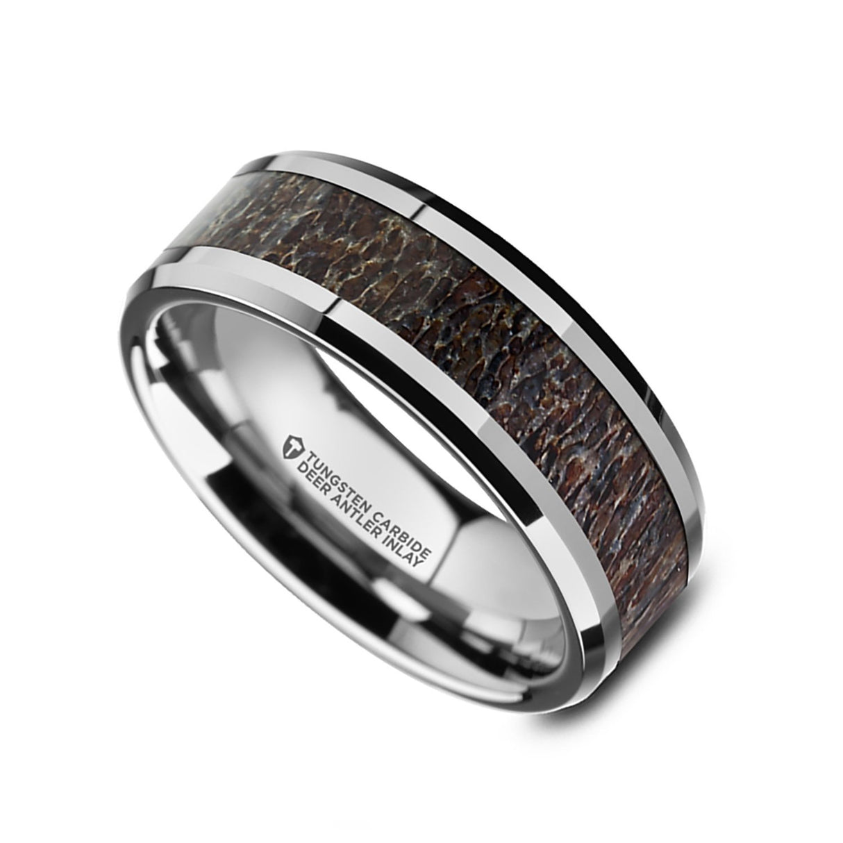 8mm - Tungsten Wedding Band, Dark Antler Inlay Ring Polished Beveled Edges