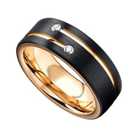 Mens Black Tungsten Carbide Wedding Band with Gold Grooves 2 CZ Diamonds.
