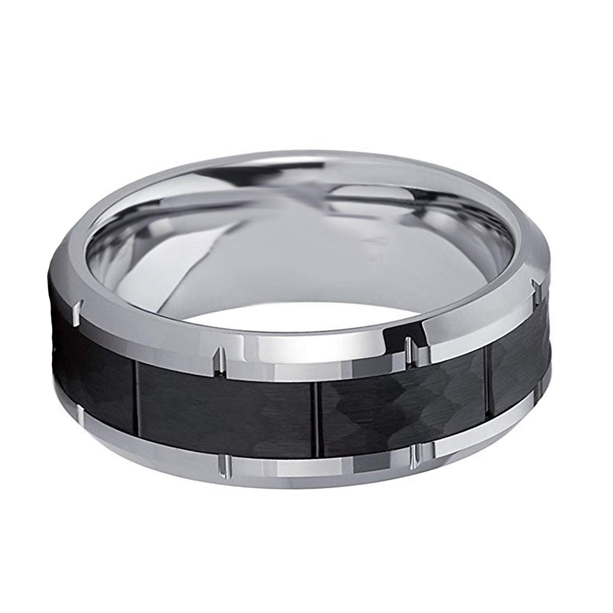 8mm Black Hammered Tungsten Carbide Wedding Ring with Beveled Edges